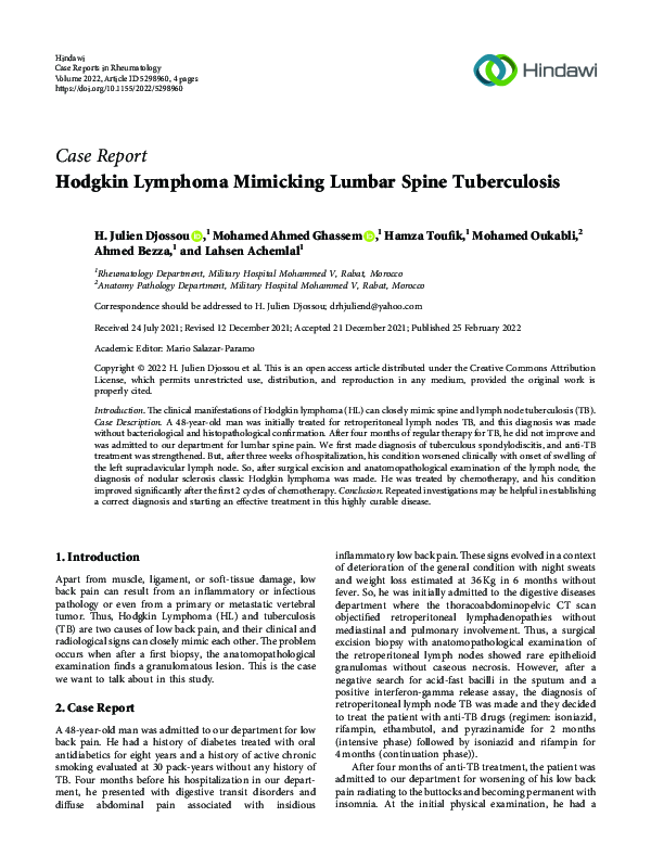 (PDF) Hodgkin Lymphoma Mimicking Lumbar Spine Tuberculosis | Julien ...