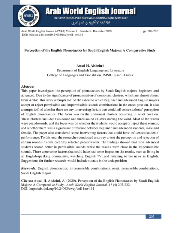 (PDF) Perception of the English Phonotactics by Saudi English Majors: A ...