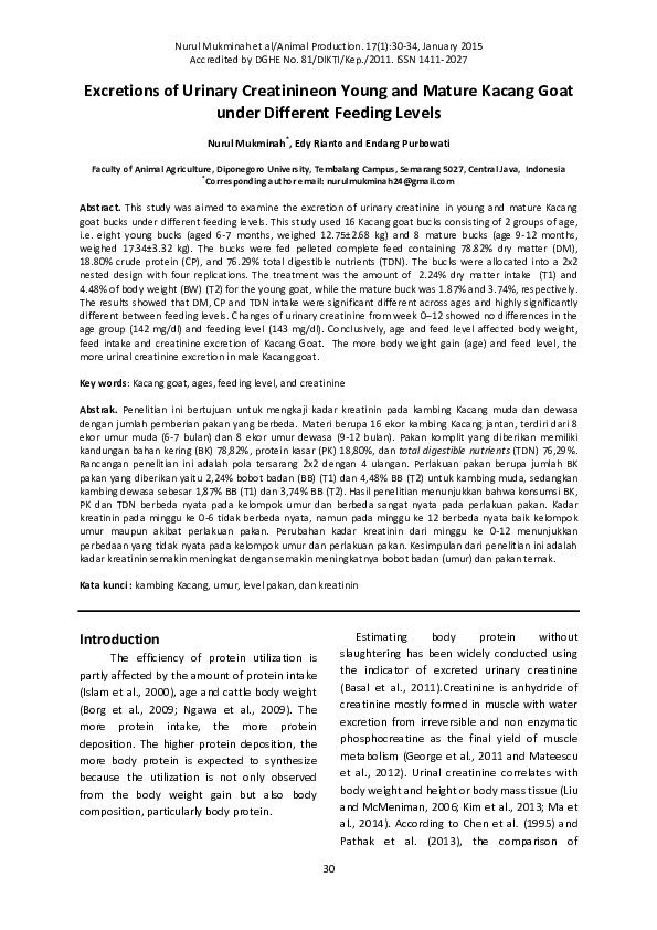 (PDF) Excretions of Urinary Creatinine on Young and Mature Kacang Goat ...