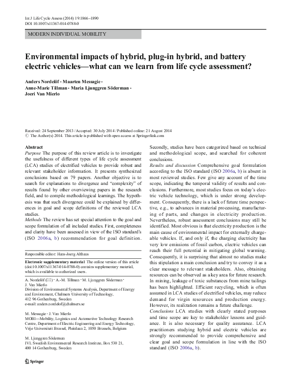 (PDF) Environmental impacts of hybrid, plugin hybrid, and battery