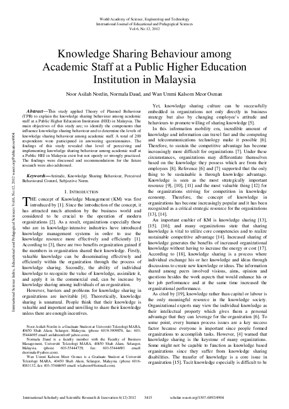 (PDF) Knowledge Sharing Behaviour Among Academic Staff At A Public ...