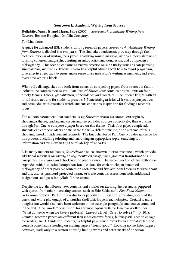 (PDF) A Review of Sourcework Academic Writing from Sources by Nancy E. Dollahite & Julie Haun