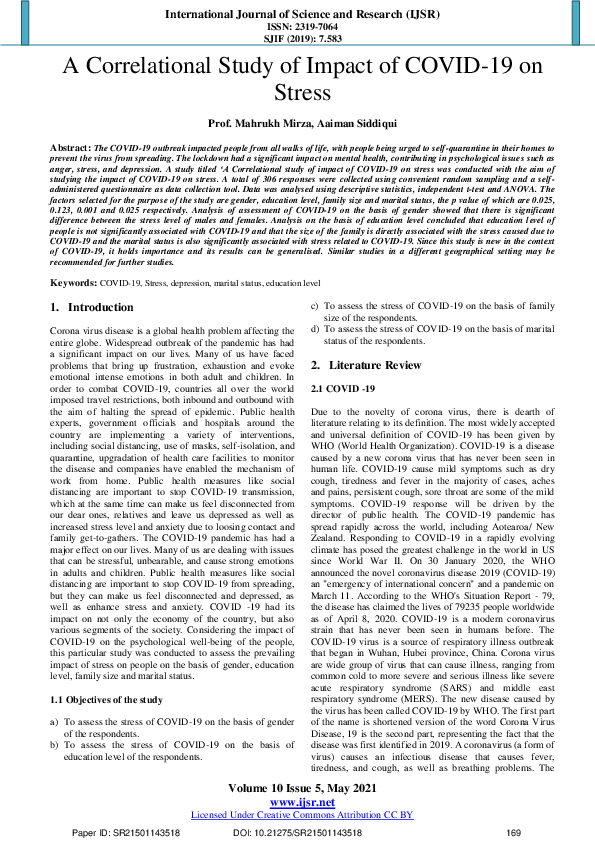 (PDF) A Correlational Study of Impact of COVID-19 on Stress