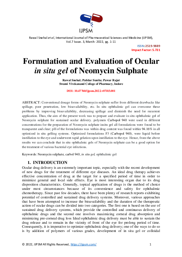 (PDF) Formulation and Evaluation of Ocular in situ gel of Neomycin Sulphate