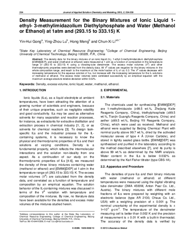(PDF) Density Measurement for the Binary Mixtures of Ionic Liquid ...