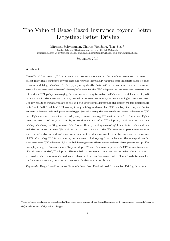 (PDF) The Value of Usage-Based Insurance beyond Better Targeting ...