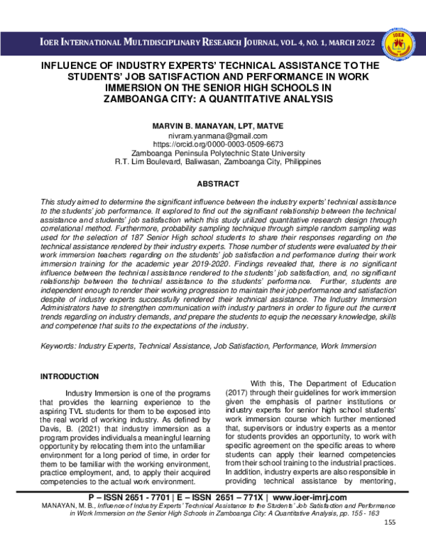 (PDF) INFLUENCE OF INDUSTRY EXPERTS' TECHNICAL ASSISTANCE TO THE ...