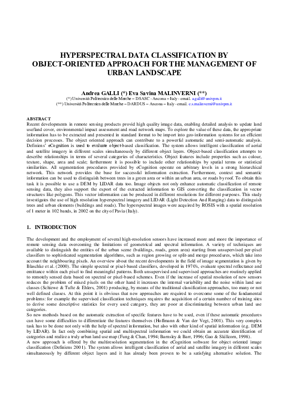 (PDF) Hyperspectral Data Classification by Object-Oriented Approach for ...