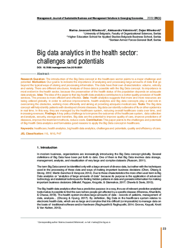 (PDF) Big data analytics in the health sector: challenges and potentials