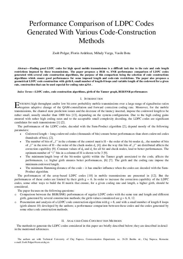 (PDF) V.Bota; Performance Comparison of LDPC Codes Generated with