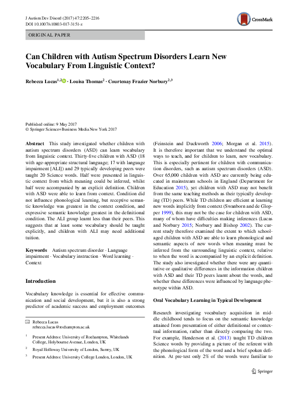 (PDF) Can Children with Autism Spectrum Disorders Learn New Vocabulary ...