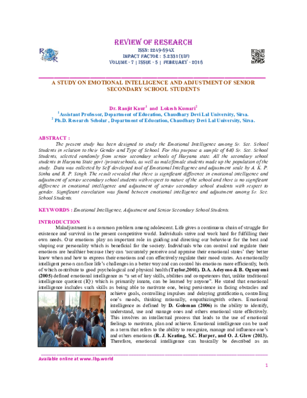 (PDF) A Study on Emotional Intelligence and Adjustment of Senior ...
