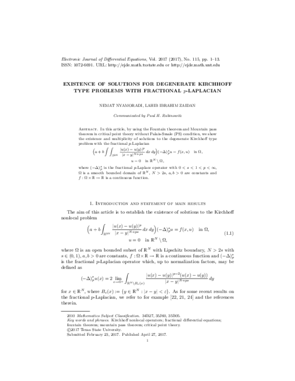 (PDF) EXISTENCE OF SOLUTIONS FOR DEGENERATE KIRCHHOFF TYPE PROBLEMS ...