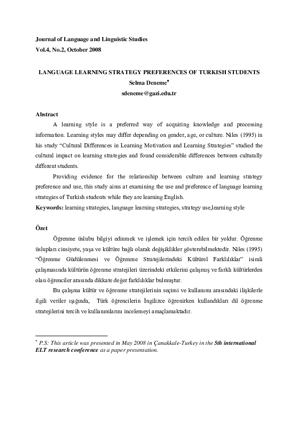 (PDF) Language Learning Strategy Preferences of Turkish Students