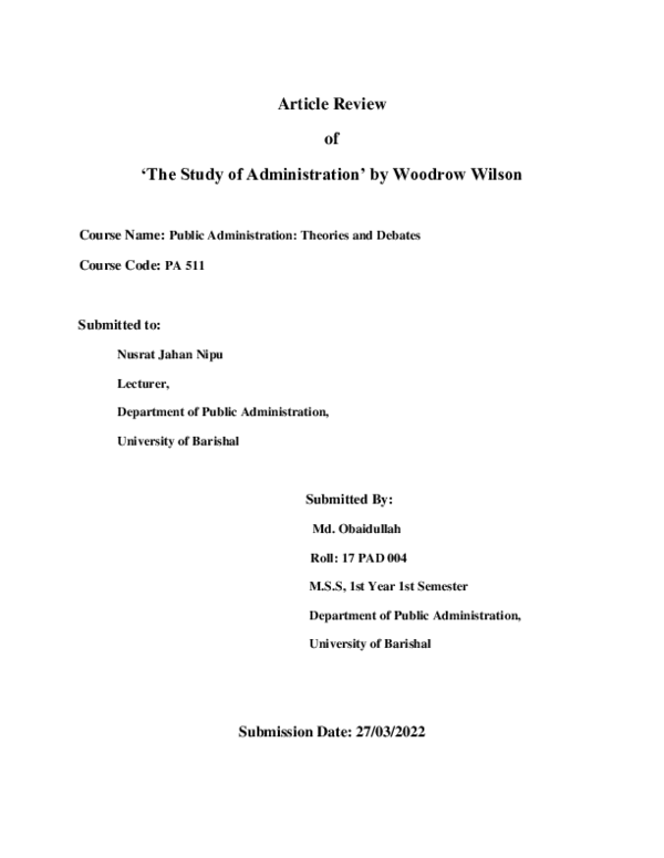(PDF) A Review of 'The Study of Administration' by Woodrow Wilson Md