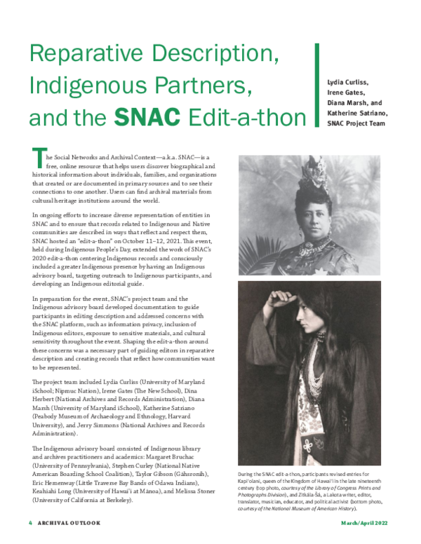 (PDF) Reparative Description, Indigenous Partners, and the SNAC Edit-a-thon