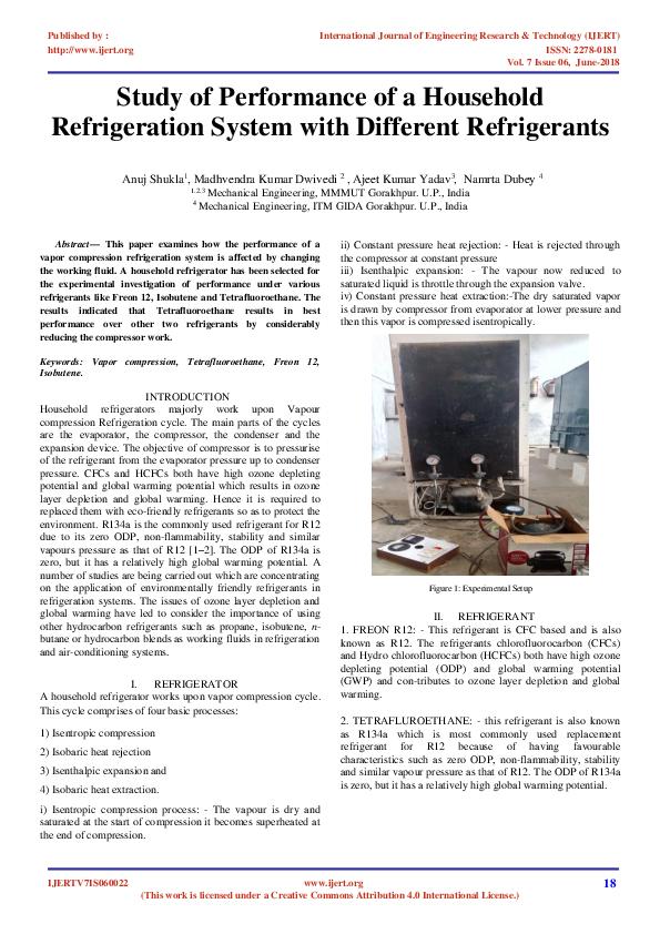 (PDF) Study of Performance of a Household Refrigeration System with