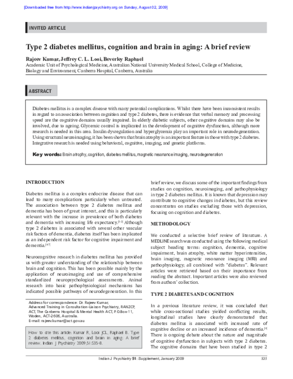 (PDF) Type 2 diabetes mellitus, cognition and brain in aging: A brief ...