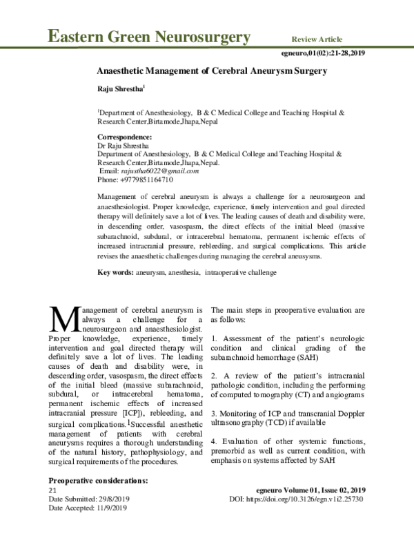 (PDF) Anaesthetic Management of Cerebral Aneurysm Surgery