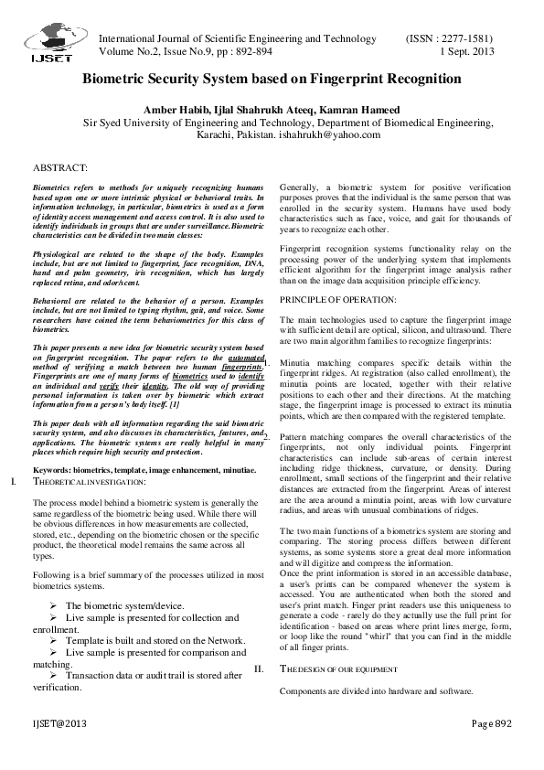 (PDF) Biometric Security System based on Fingerprint Recognition
