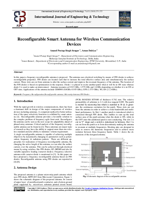 (PDF) Reconfigurable Smart Antenna for Wireless Communication Devices