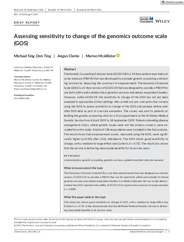 (PDF) Assessing sensitivity to change of the genomics outcome scale (GOS)