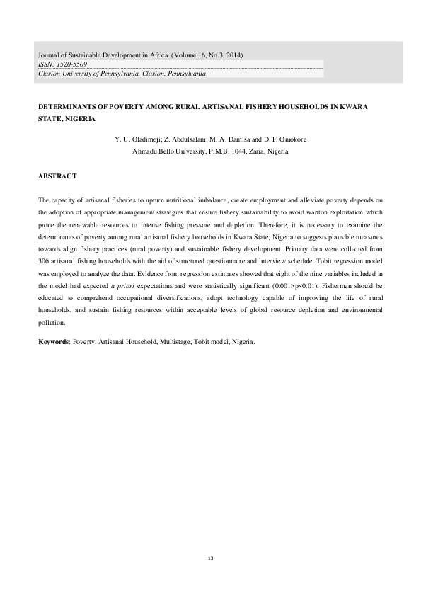 (PDF) Determinants of Poverty Among Rural Artisanal Fishery Households ...