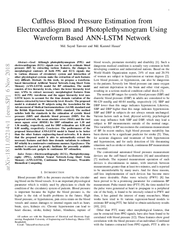 (PDF) Cuffless Blood Pressure Estimation from Electrocardiogram and ...