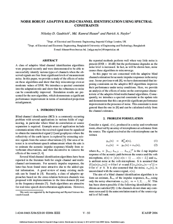 (PDF) Noise Robust Adaptive Blind Channel Identification Using Spectral ...
