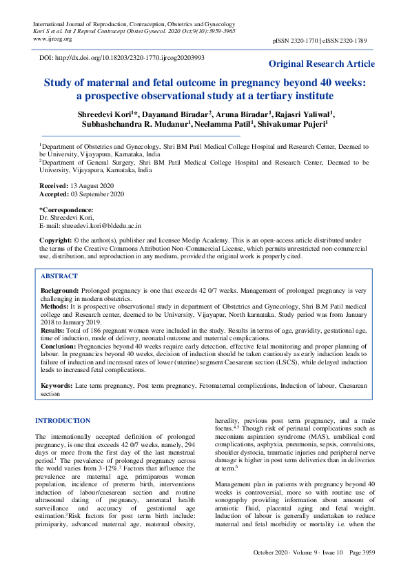 (PDF) Study of maternal and fetal outcome in pregnancy beyond 40 weeks ...