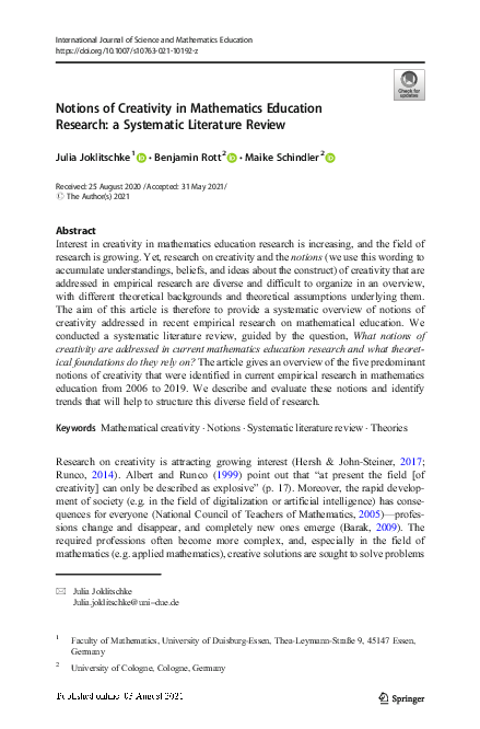 (PDF) Notions of Creativity in Mathematics Education Research: a ...