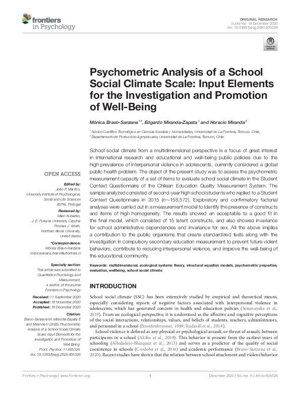 (PDF) Psychometric Analysis of a School Social Climate Scale: Input ...