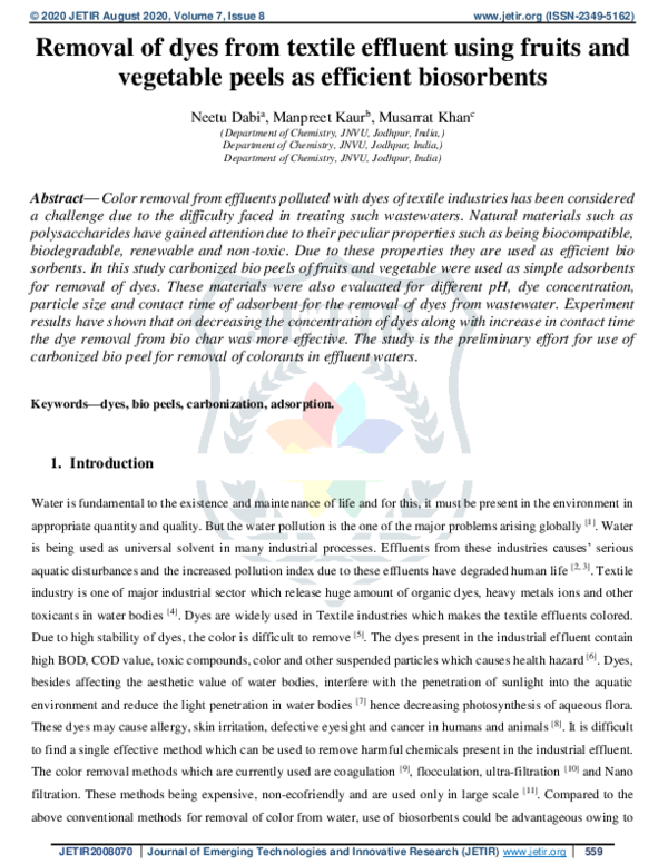 (PDF) Removal of dyes from textile effluent using fruits and vegetable ...
