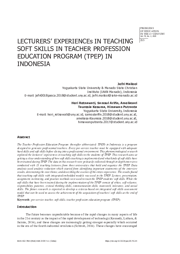 (PDF) Lecturers’ Experiences in Teaching Soft Skills in Teacher ...