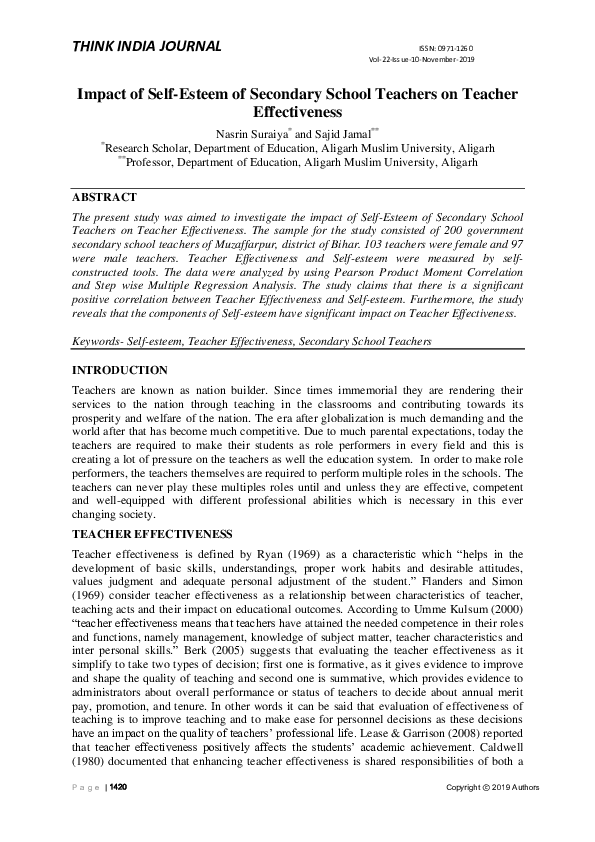 (PDF) Impact of Self-Esteem of Secondary School Teachers on Teacher ...