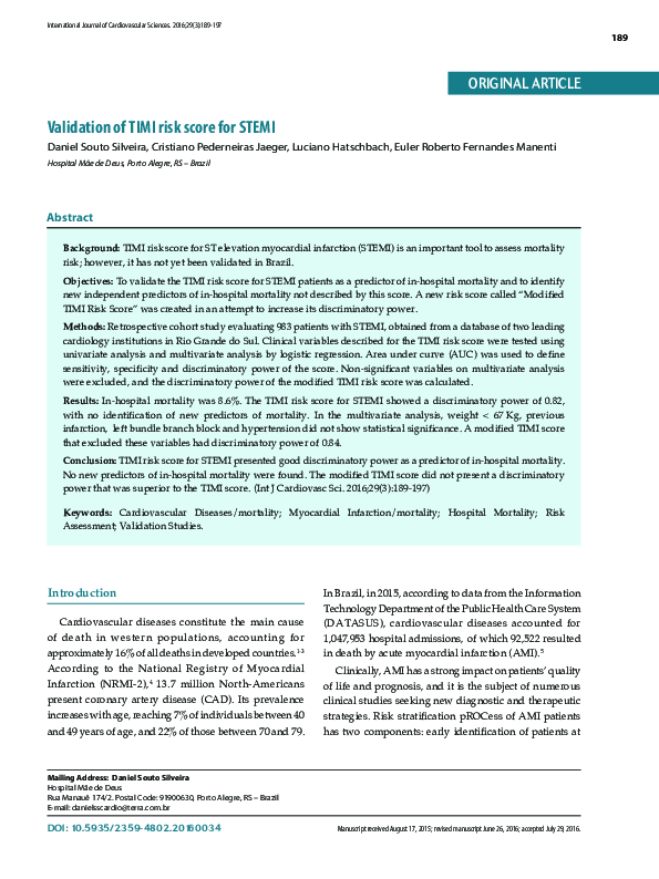 (PDF) Validation of TIMI Risk Score for STEMI