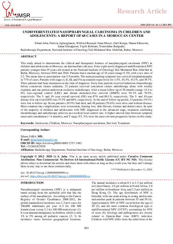 (PDF) Undifferentiated Nasopharyngeal Carcinoma in Children and ...