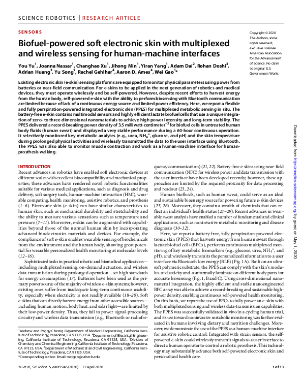 (PDF) Biofuel-powered soft electronic skin with multiplexed and ...