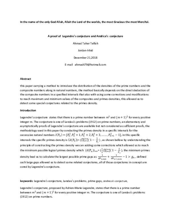 (PDF) A proof of Legendre's conjecture and Andrica's conjecture
