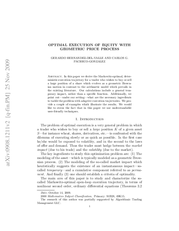 (PDF) Optimal Execution of Equity with Geometric Price Process