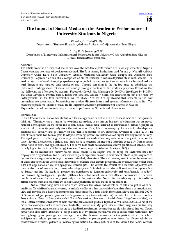 (PDF) The Impact of Social Media on Academic Performance of Selected ...