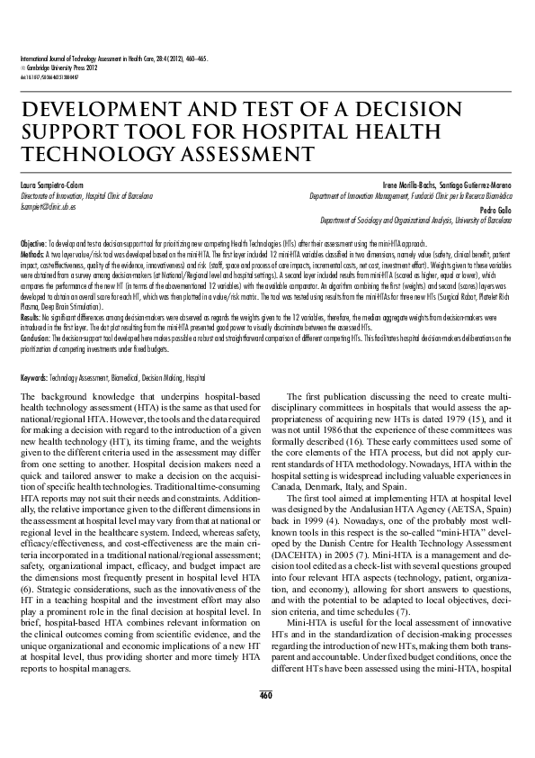 (PDF) Development and Test of a Decision Support Tool for Hospital ...