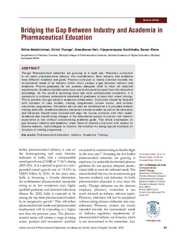(PDF) Bridging the Gap Between Industry and Academia in Pharmaceutical ...