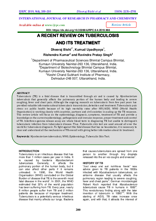 (PDF) A Recent Review on Tuberculosis and Its Treatment