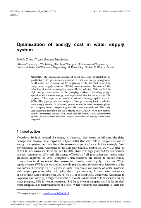 (PDF) Optimization of energy cost in water supply system