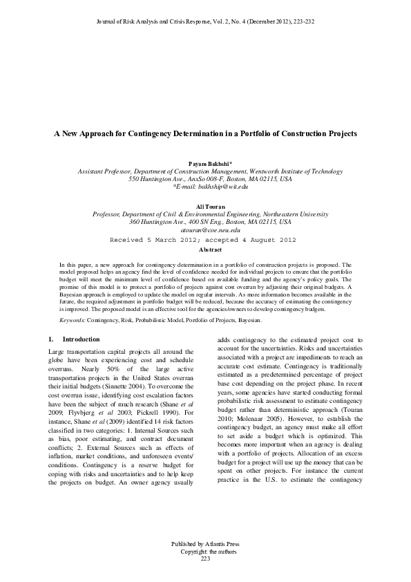 (PDF) A New Approach for Contingency Determination in a Portfolio of ...