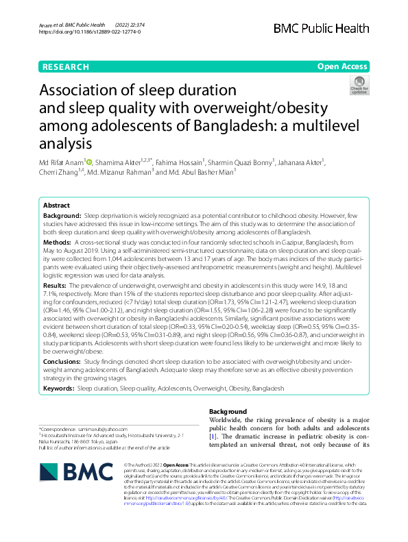 (PDF) Association of sleep duration and sleep quality with overweight ...