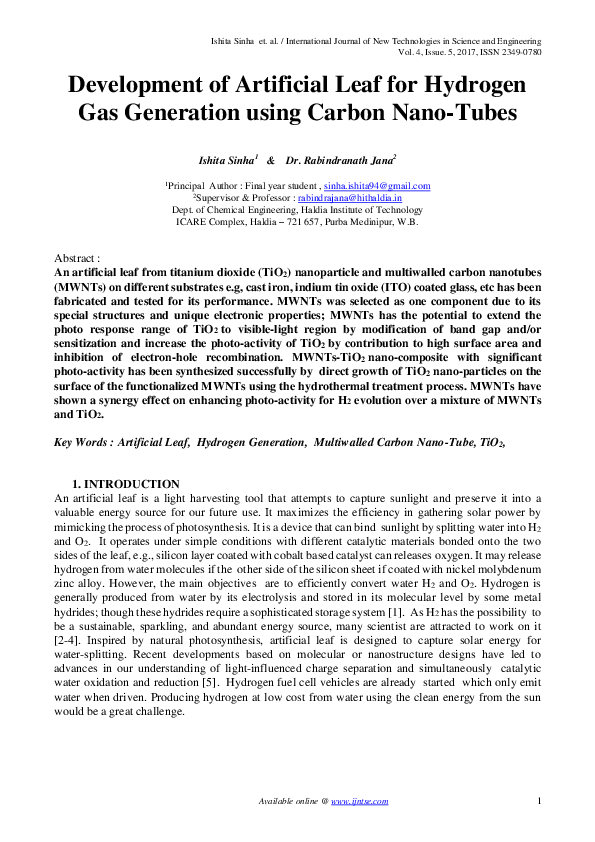 (PDF) Development of Artificial Leaf for Hydrogen Gas Generation using