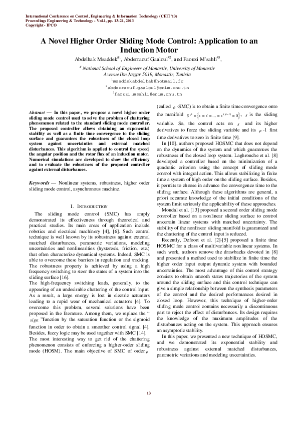 (PDF) A Novel Higher Order Sliding Mode Control : Application to an ...