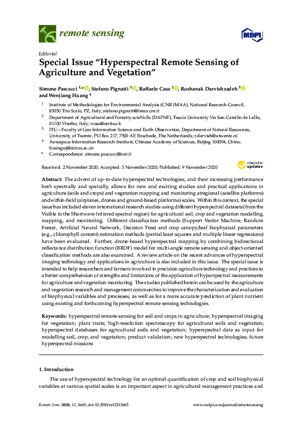 (PDF) Special Issue “Hyperspectral Remote Sensing of Agriculture and ...